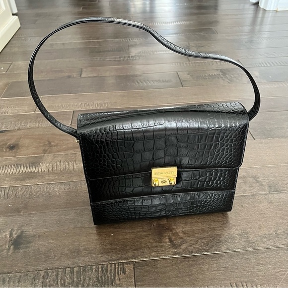 Francesco Rogani Handbags - Francesco Rogani Ostrich Embossed Leather Bag Purse Satchel Tote Black